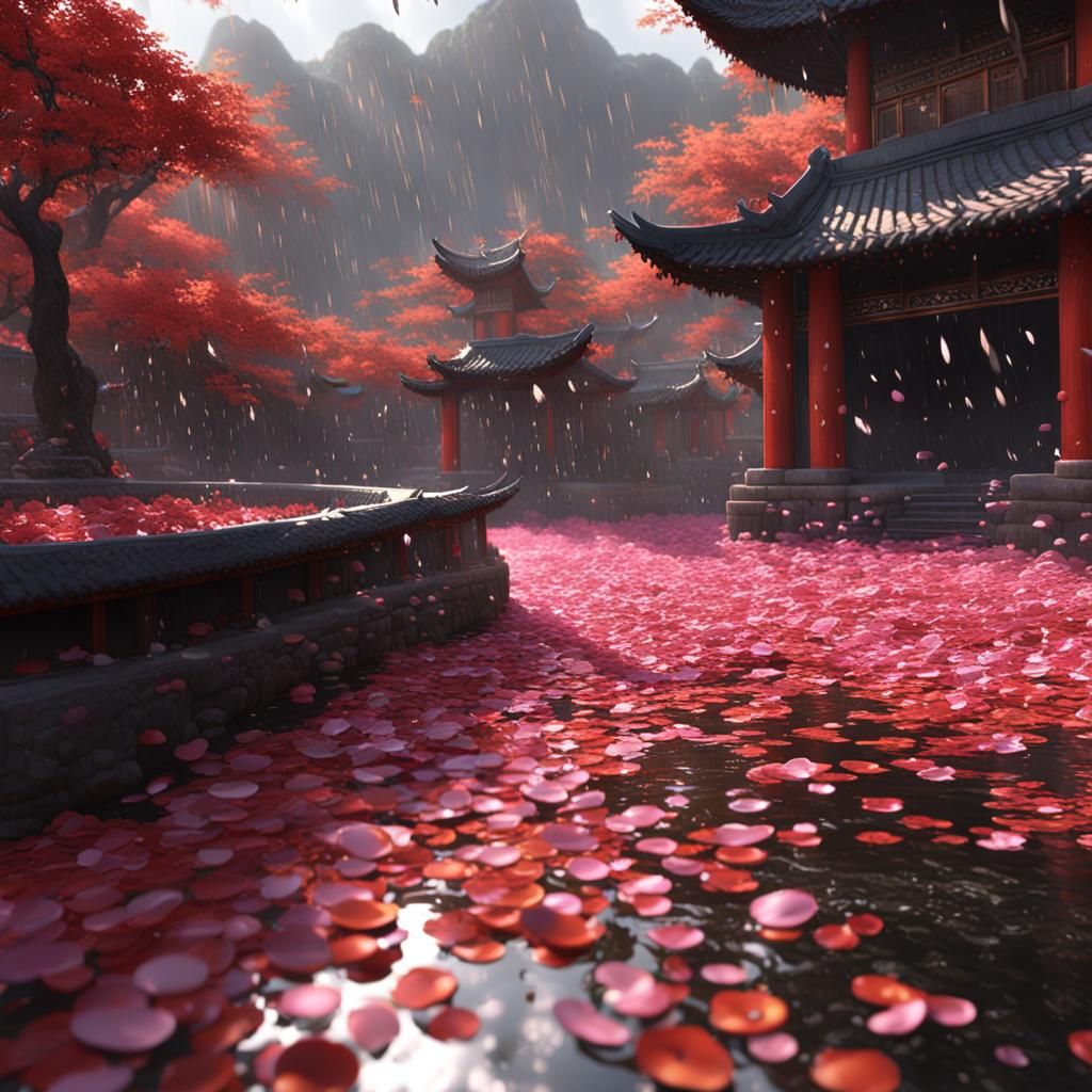 Colorful Petals in Rain, Fantasy Concept Art