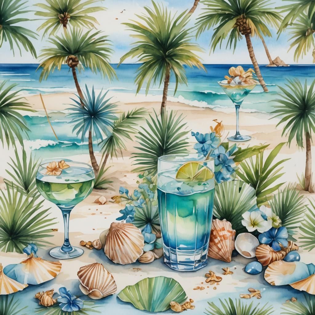 A soft and serene watercolor painting of a luxurious beach s...