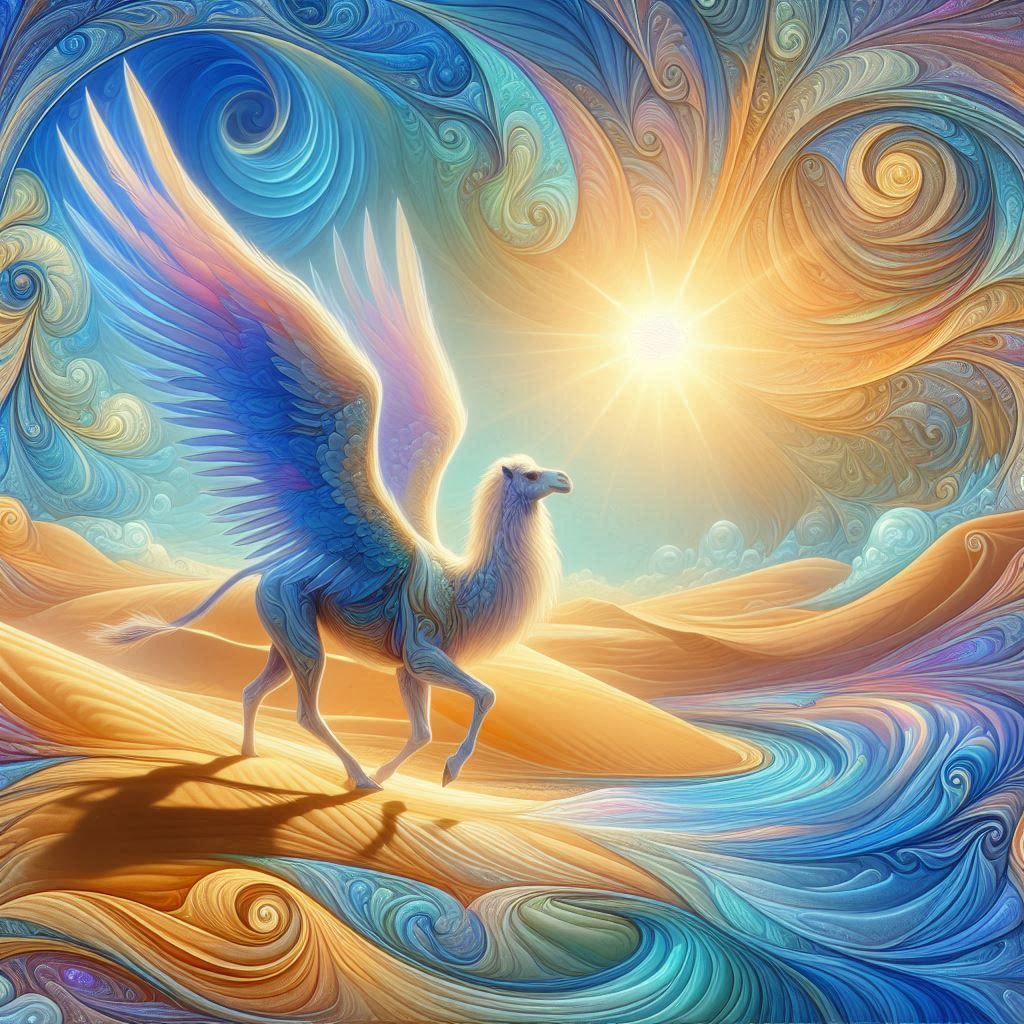 ethereal desert, camel with wings.
