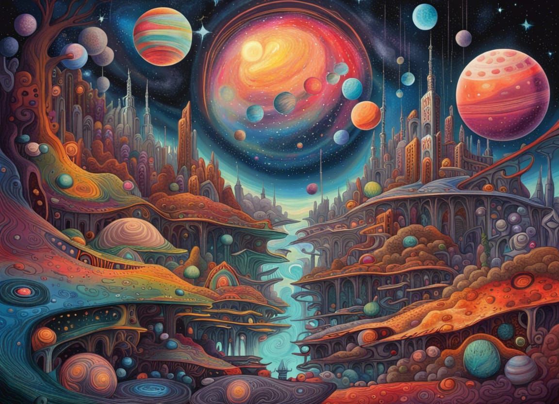 a colorful painting of colored planets and stars, in the style of ...