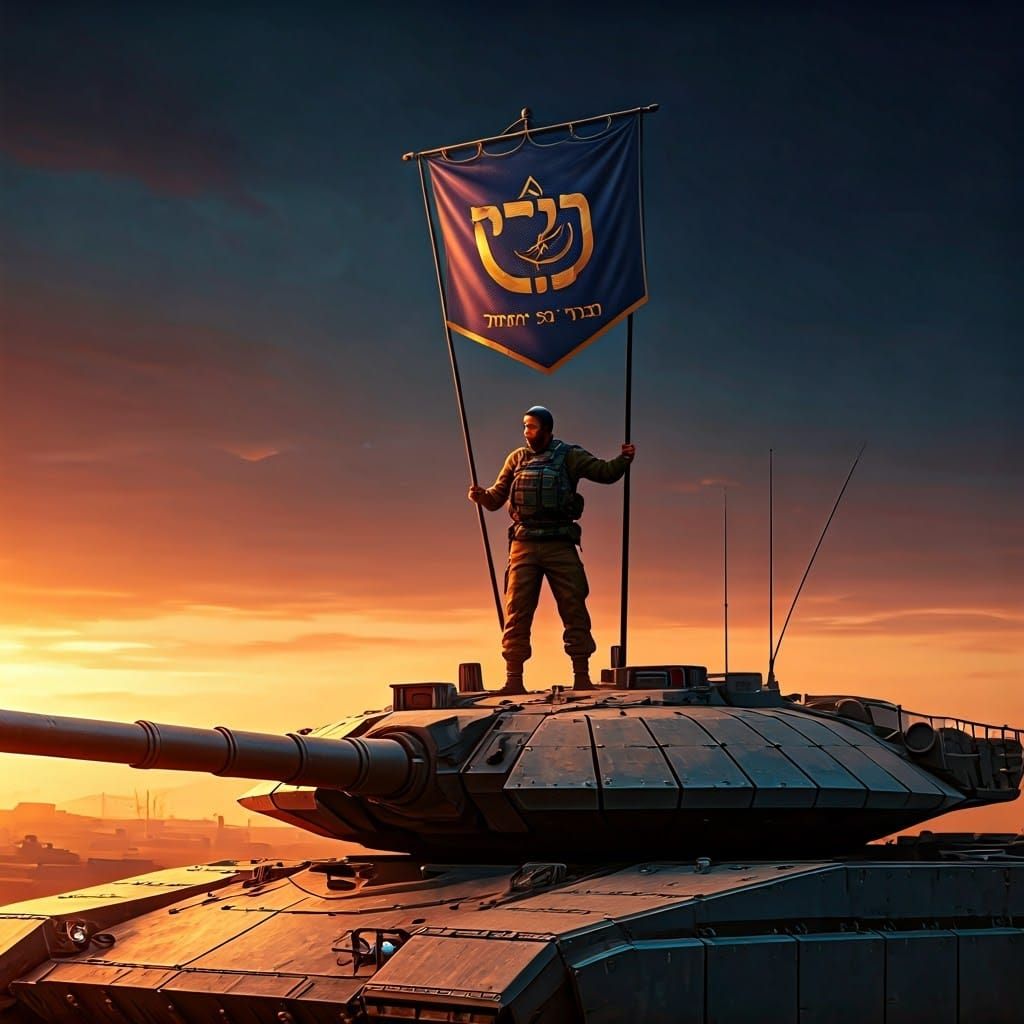 Israeli Soldier on Futuristic Tank with Shabbat Shalom Banne...