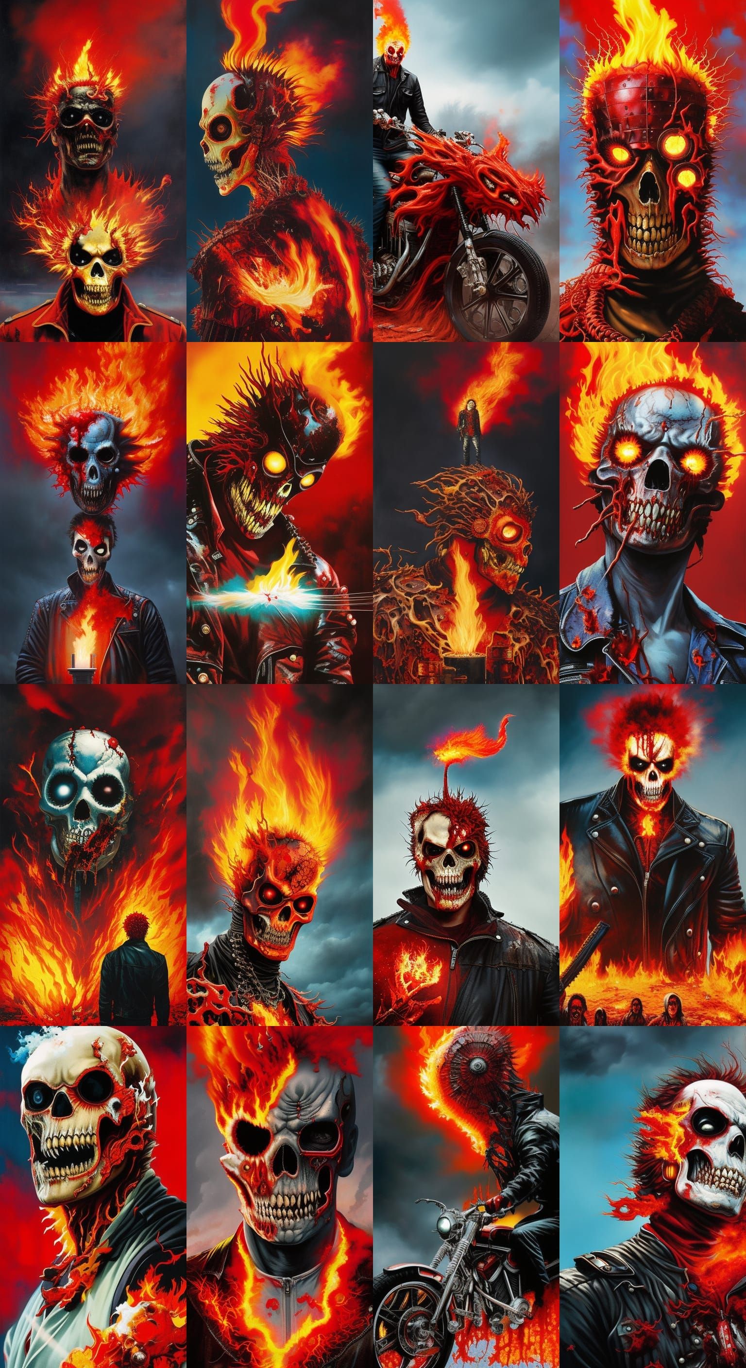 zombie Ghost Rider with flaming head in front of red backgro...