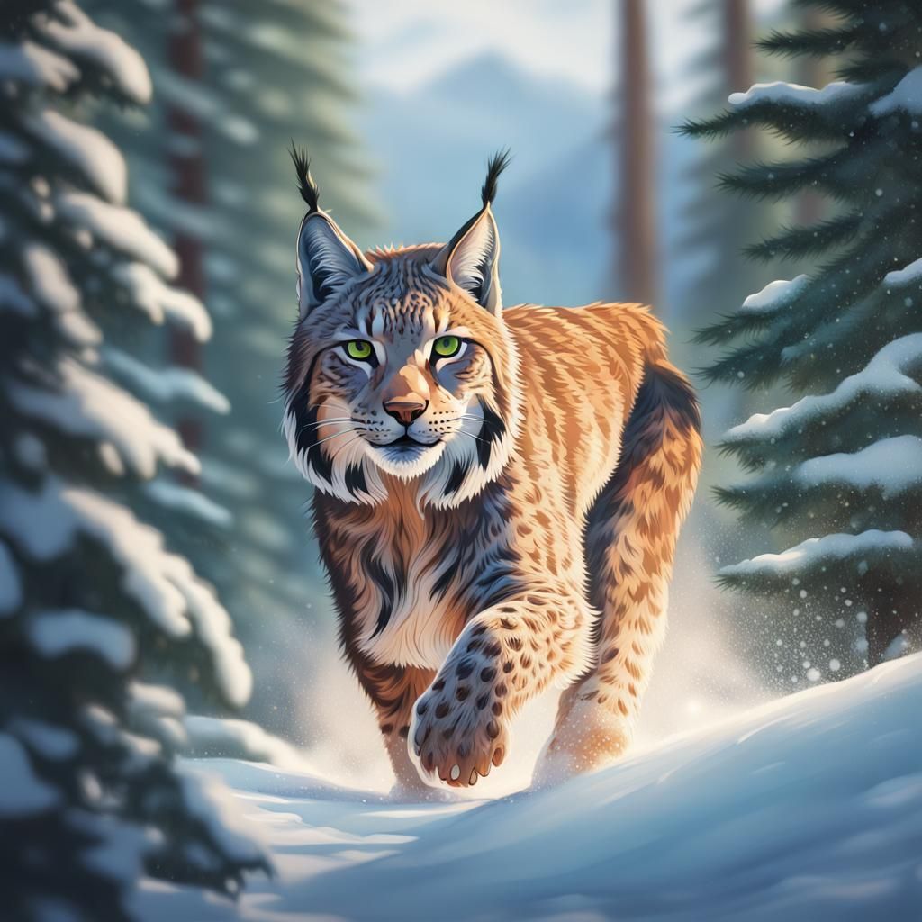 A lynx in the mountains runs through the snow among the pines  by @NikolasS
