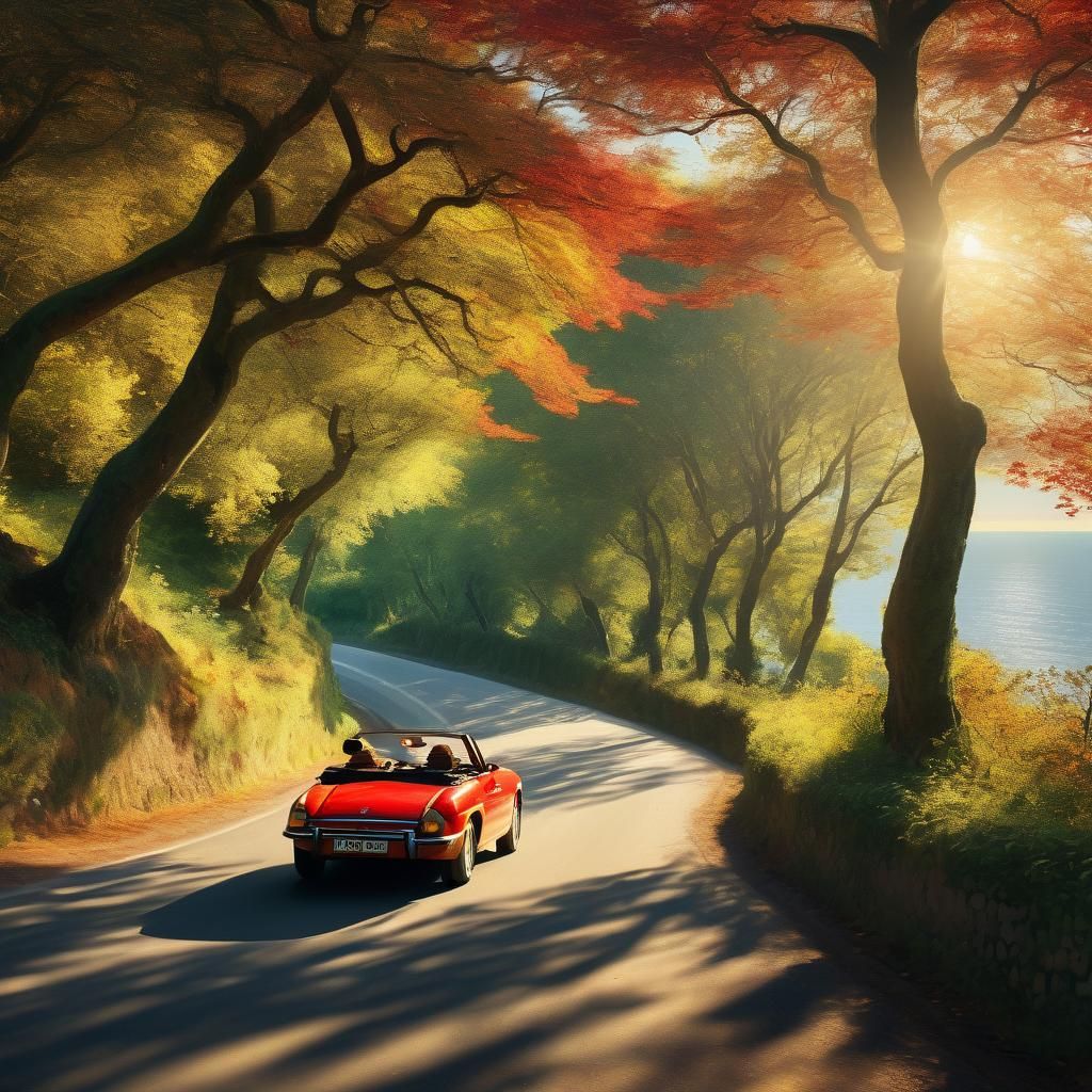 Impressionist Landscape: Couple in Red Car