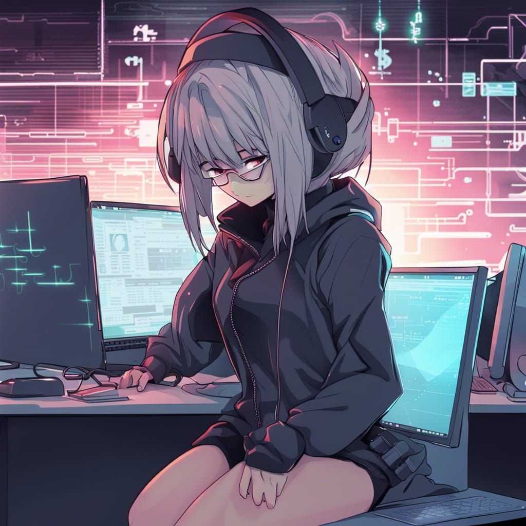 A front picture of a hacker woman doing her job