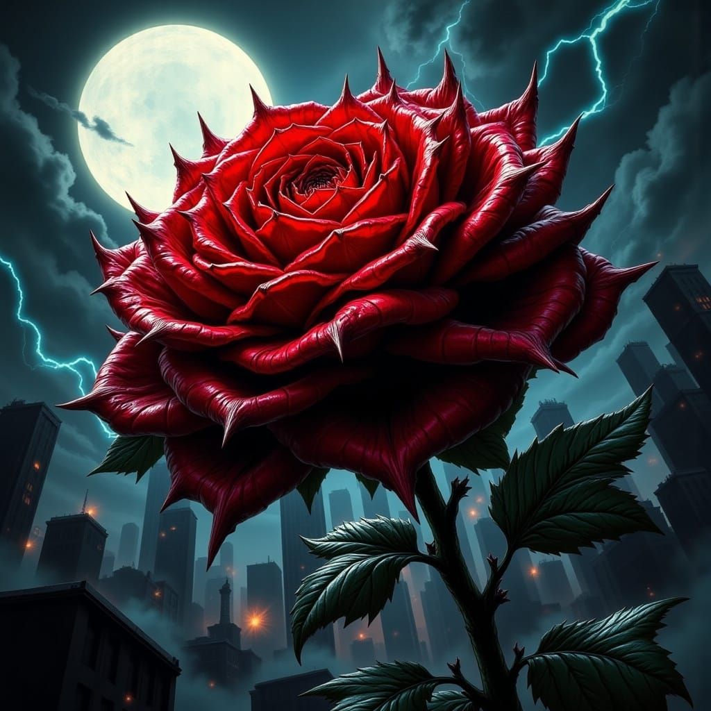 extreme close-up of an epic awe-inspiring DEATH ROSE, by Twisted Ink with a waning moon background. <lora:Super Villains:1.0> 