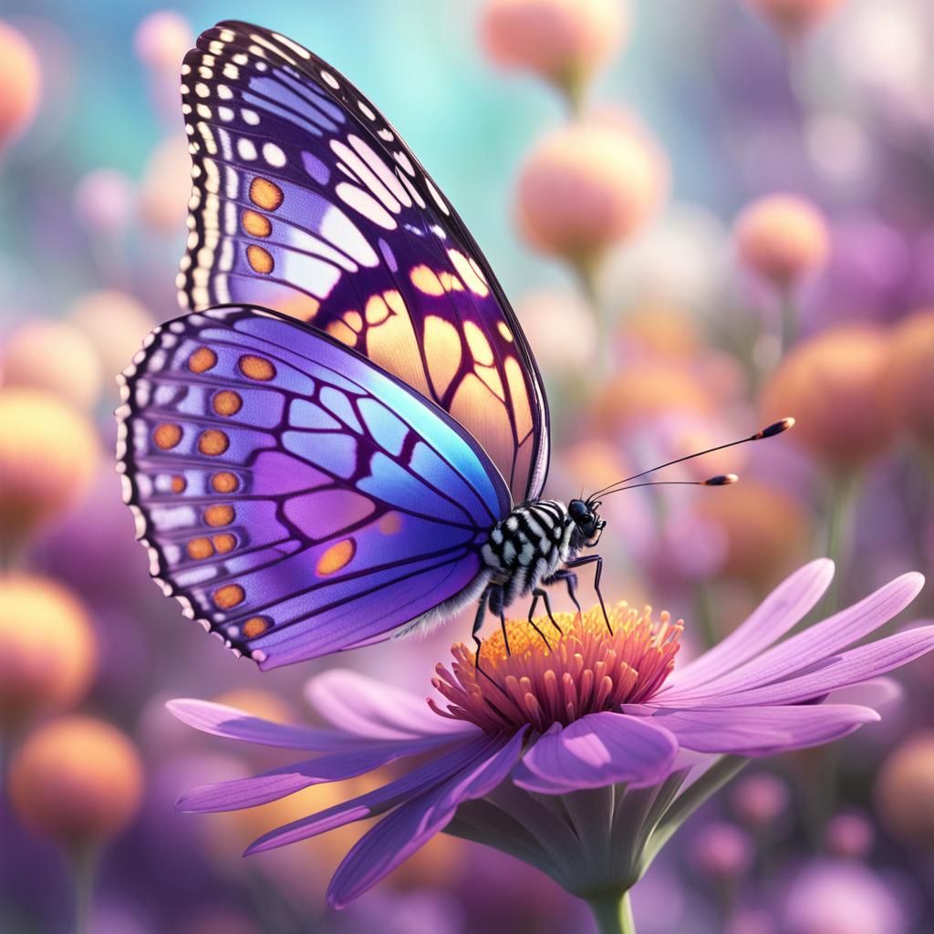 Butterfly on Flower: Detailed Macro Digital Art