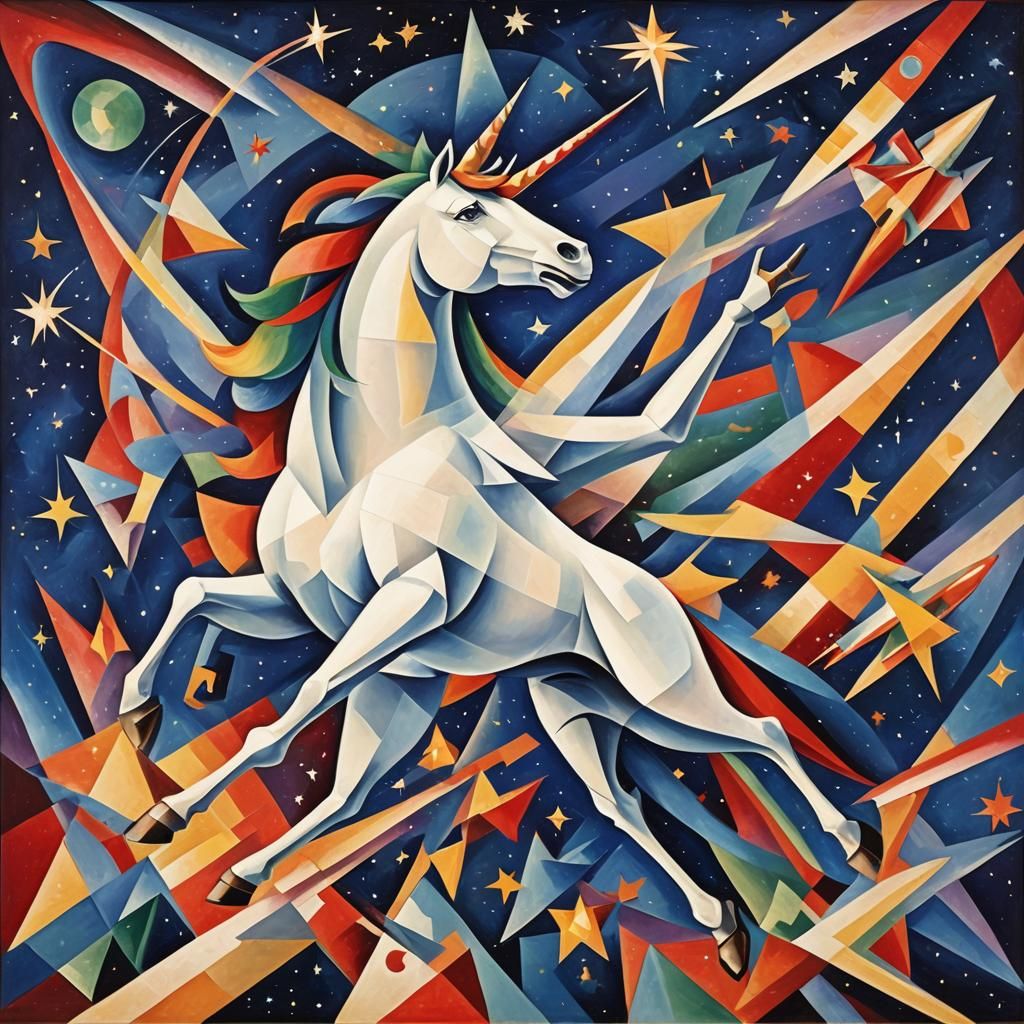 a unicorn in outer space dancing and singing with rocket shi...