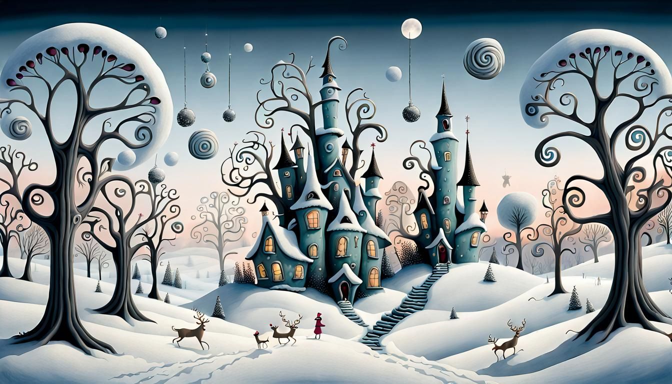 Whimsical maximal surreal Winter wonderland by Tim Burton   by @Fun Guy