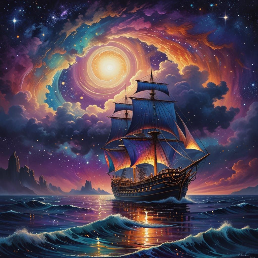 sailing ship at night