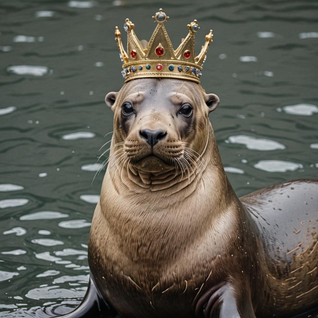 An elegant sea lion with it's head up and wearing a crown an...