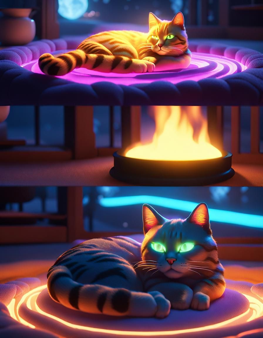Cat, lounging on a soft fluorescent bed with a stove, eyes c...