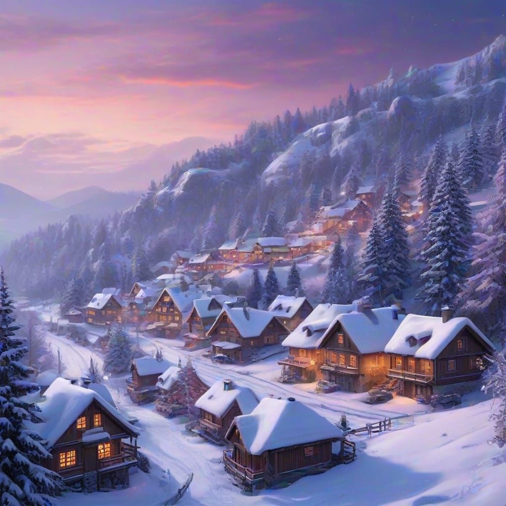 Whimsical Winter Village in Pastel Hues