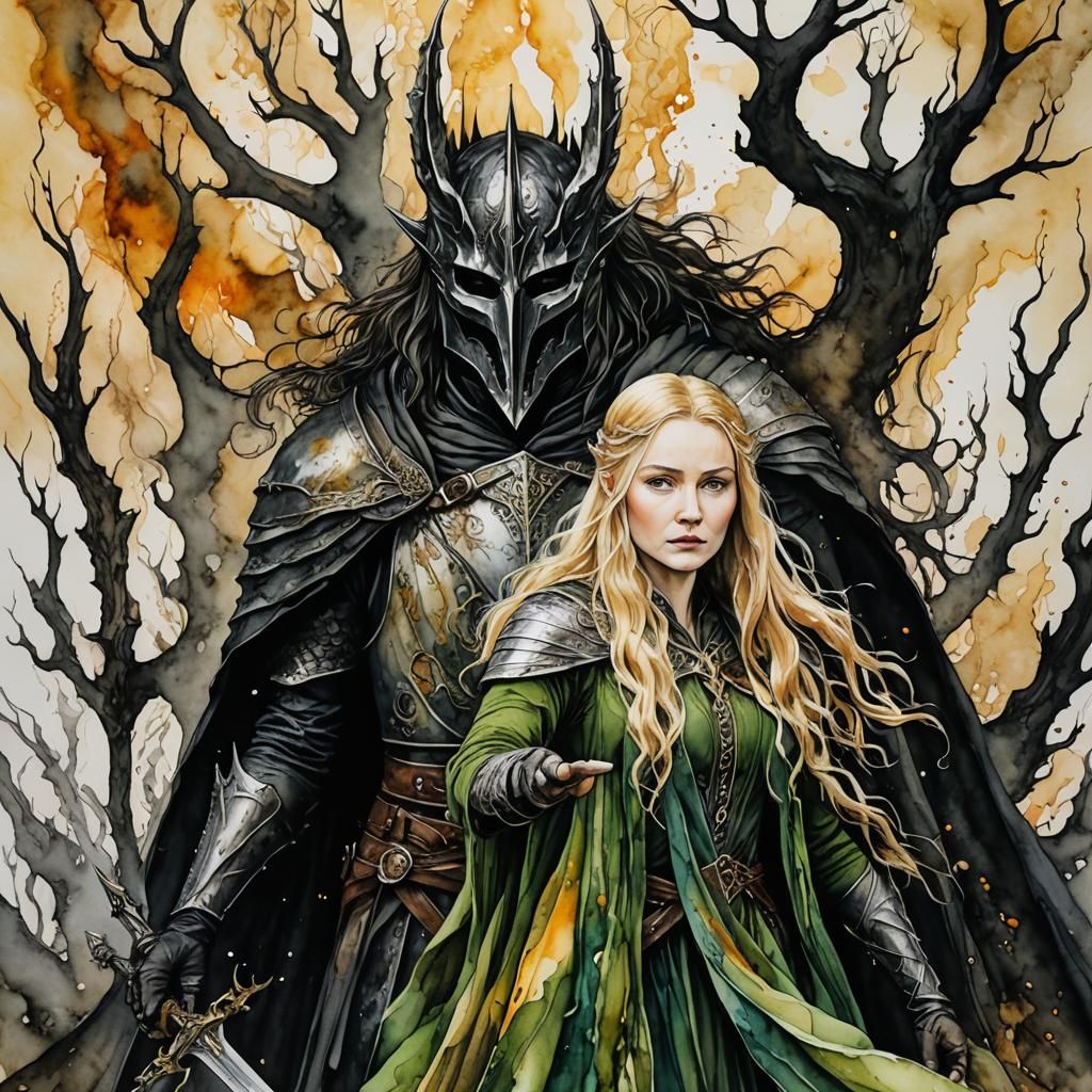 Intricately detailed alcohol ink illustration, LotR, Eowyn k...
