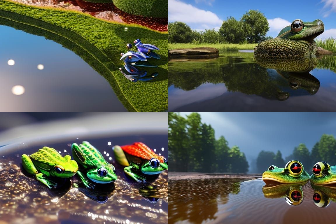 Frogs looking out from a puddle