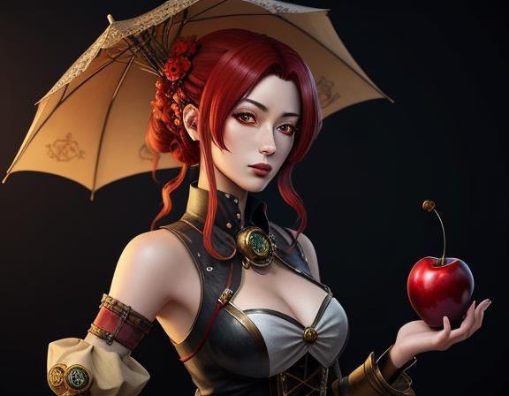 anime steampunk woman holding oversized cherries