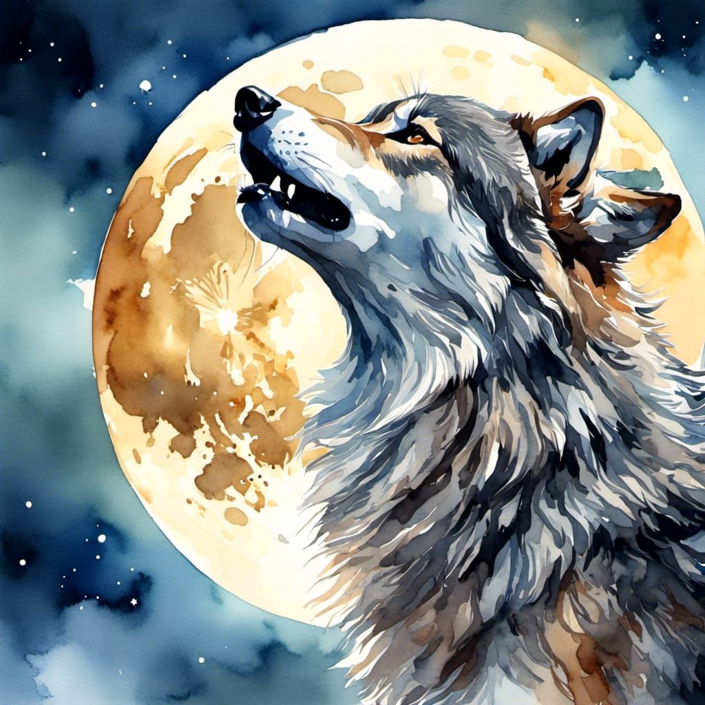 A wolf howling at the full moon, hyper detailed digital watercolor illustration, watercolor painting, digital art, smooth, perfect <lora:MoW...