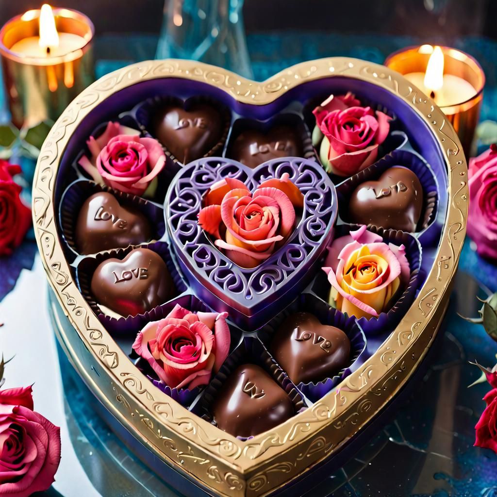 close-up Valentines aesthetic ((heart shaped chocolates in d...