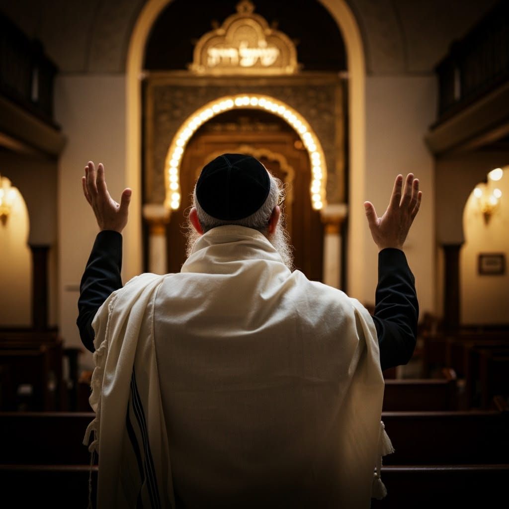 Jewish Man in Traditional Attire Faces Aron Kodesh in Histor...