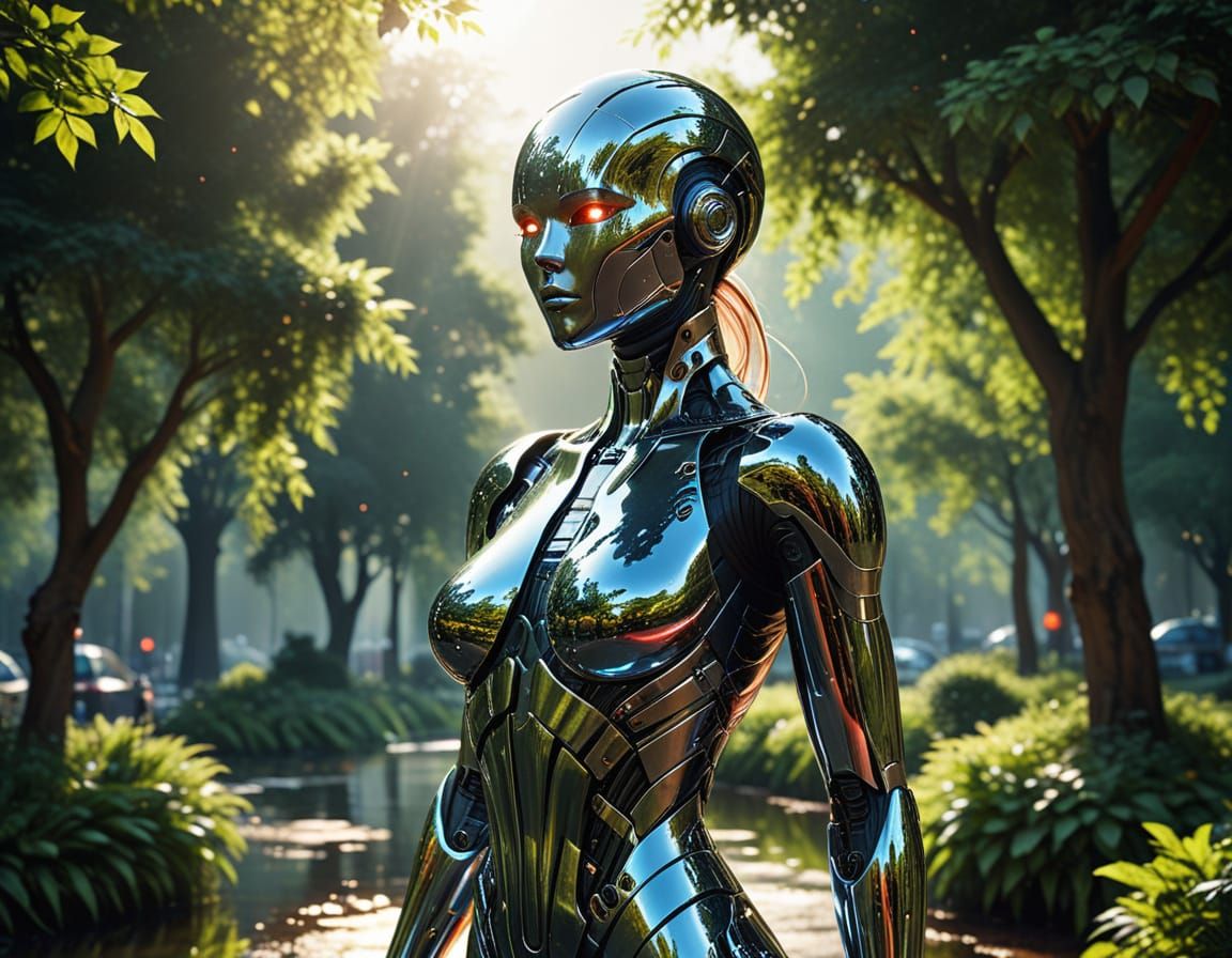 Chrome-Plated Gynoid Reflecting in a Public Park.  by @Lorendiac H
