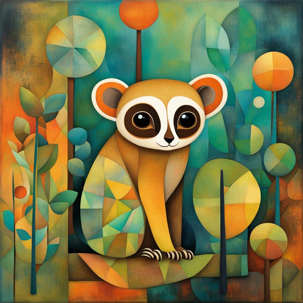 slow loris, dreamy, abstract, decoupage, mixed media,Loish, Klee  by @secretwitch