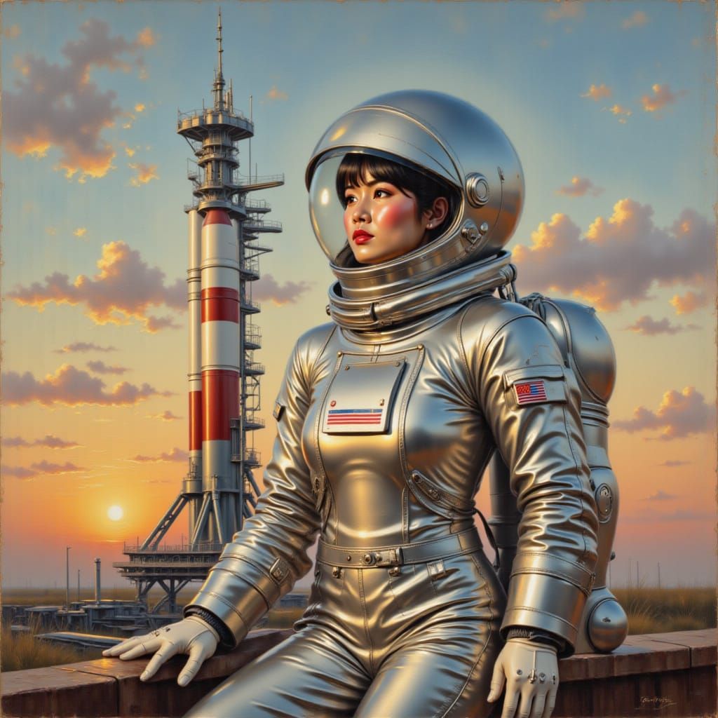 <lora:Asian Women 1-01:1.0> 1970s Soviet female cosmonaut in silver flight suit, standing on a Baikonur Cosmodrome launch pad during the hei...