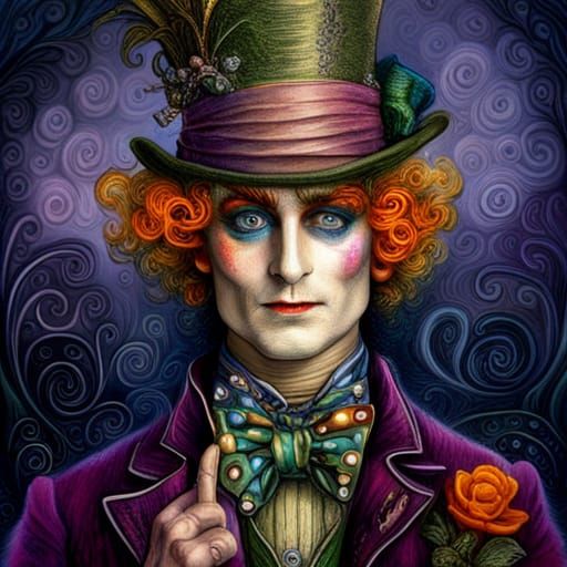 Elijah Wood as Mad Hatter with Intricate make-up, rainbow hair, 1800s ...