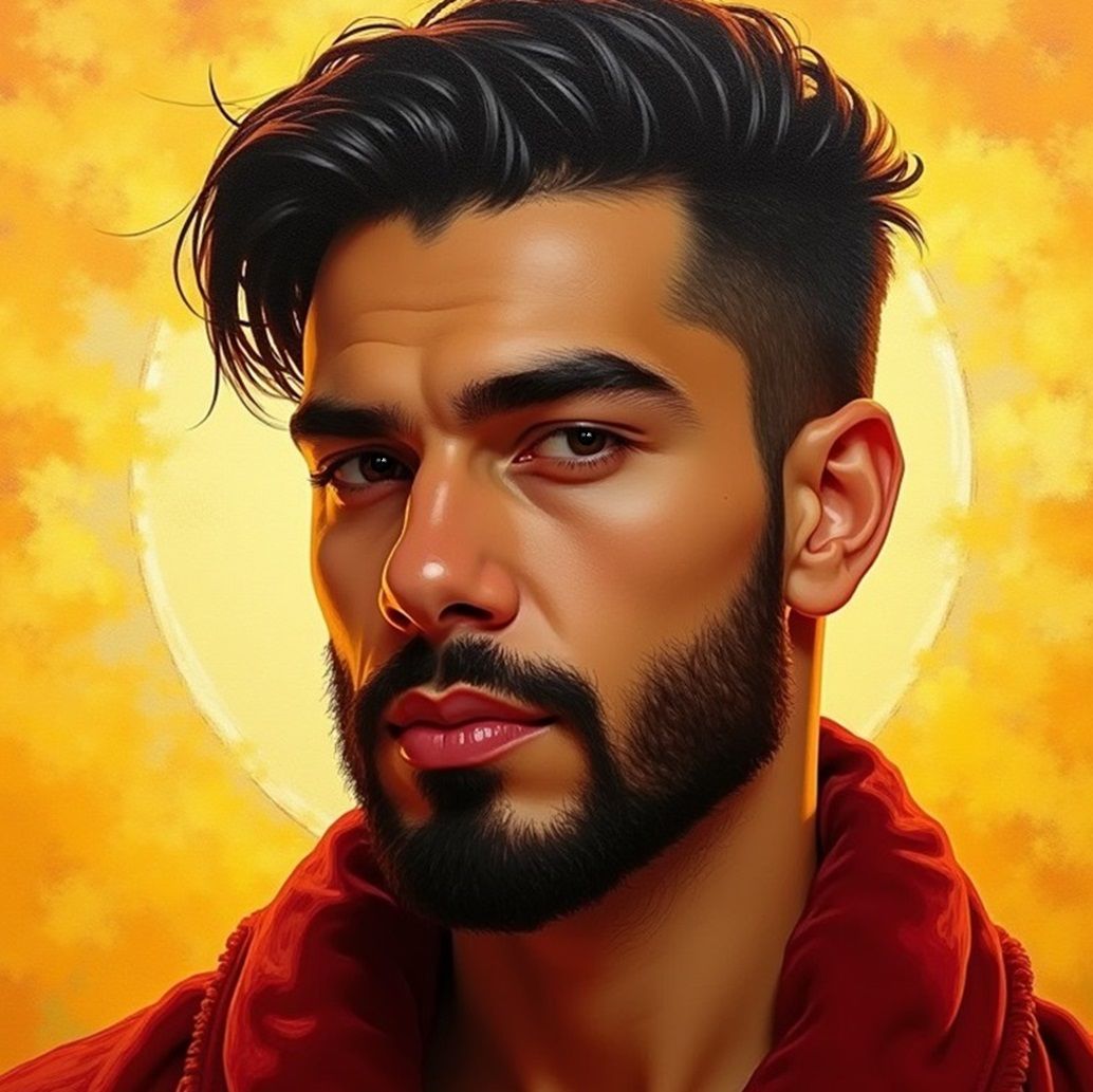 Portrait of a handsome bearded man wearing a red bathrobe