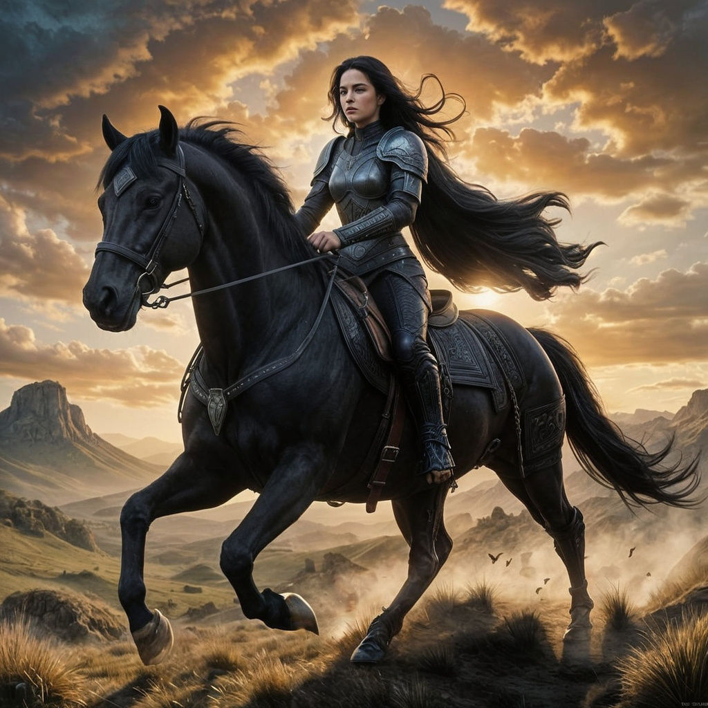 Beautiful woman with coily black hair wearing black leather armour riding a huge black horse bareback with no saddle or bridle, galloping ac...