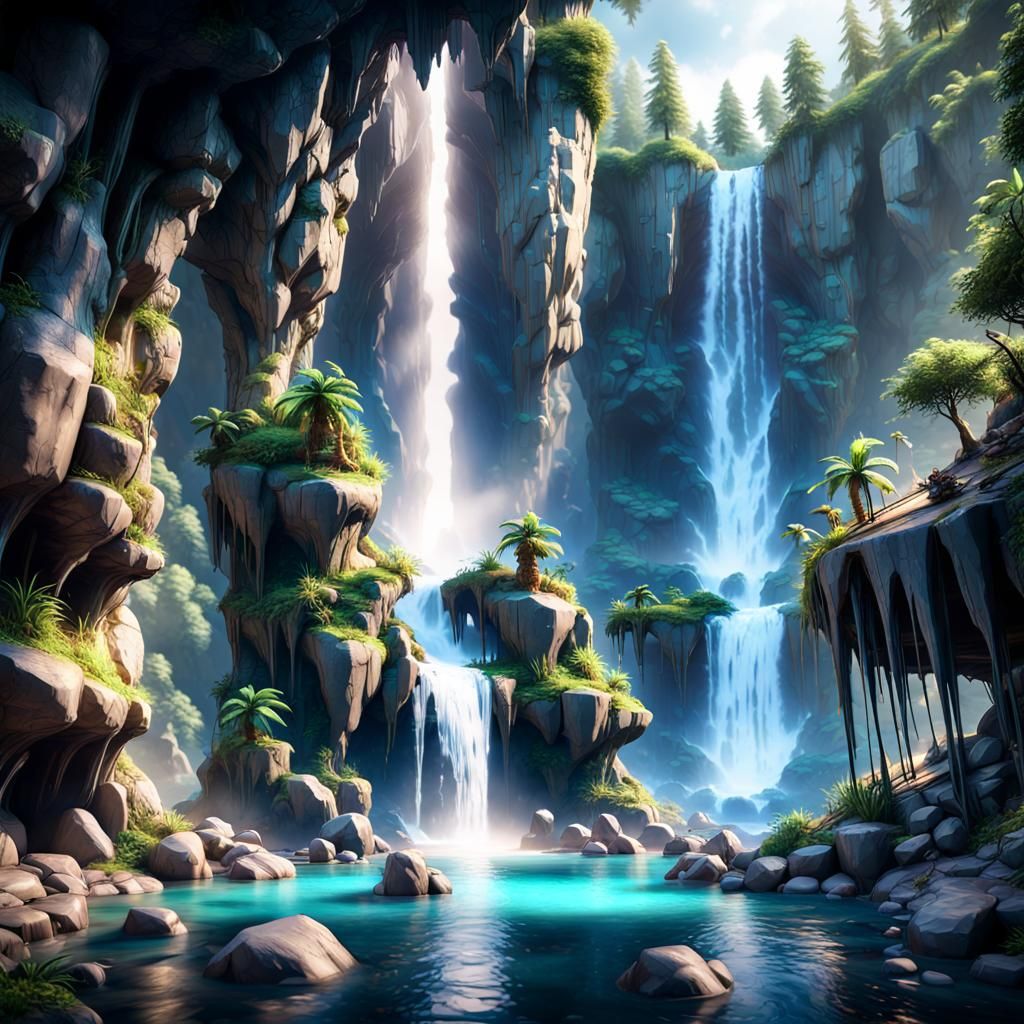 Cristal caves whit waterfall ,3D Game Cinematic Feel, Epic 3...