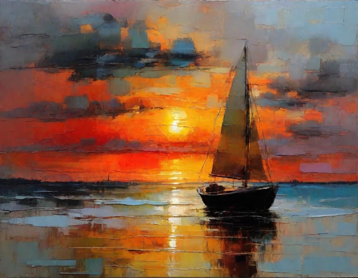 Oil Painting Encaustic, sunset, sailboat, colorful acrylic spatulate, Jeremy Mann  by @Hugo Raul