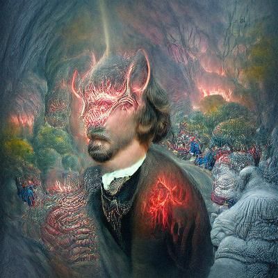 Satan in human form with flames around him and a scar over h...