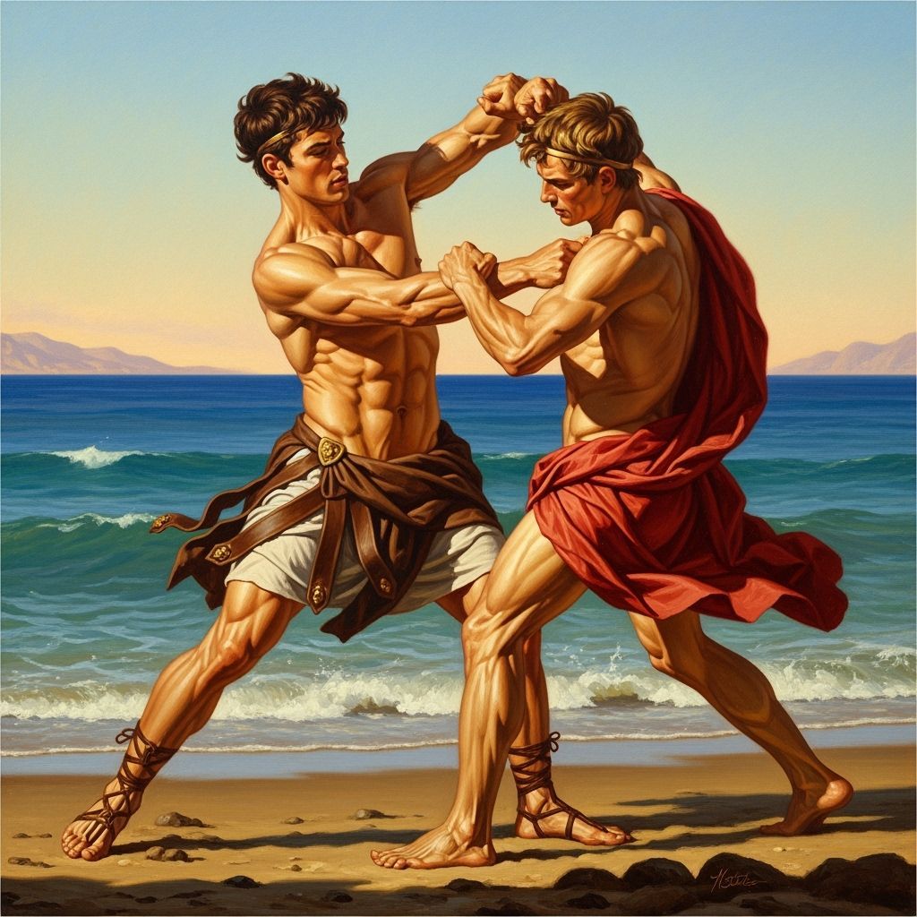 Theseus wrestling with his best friend Pirithous by the shore