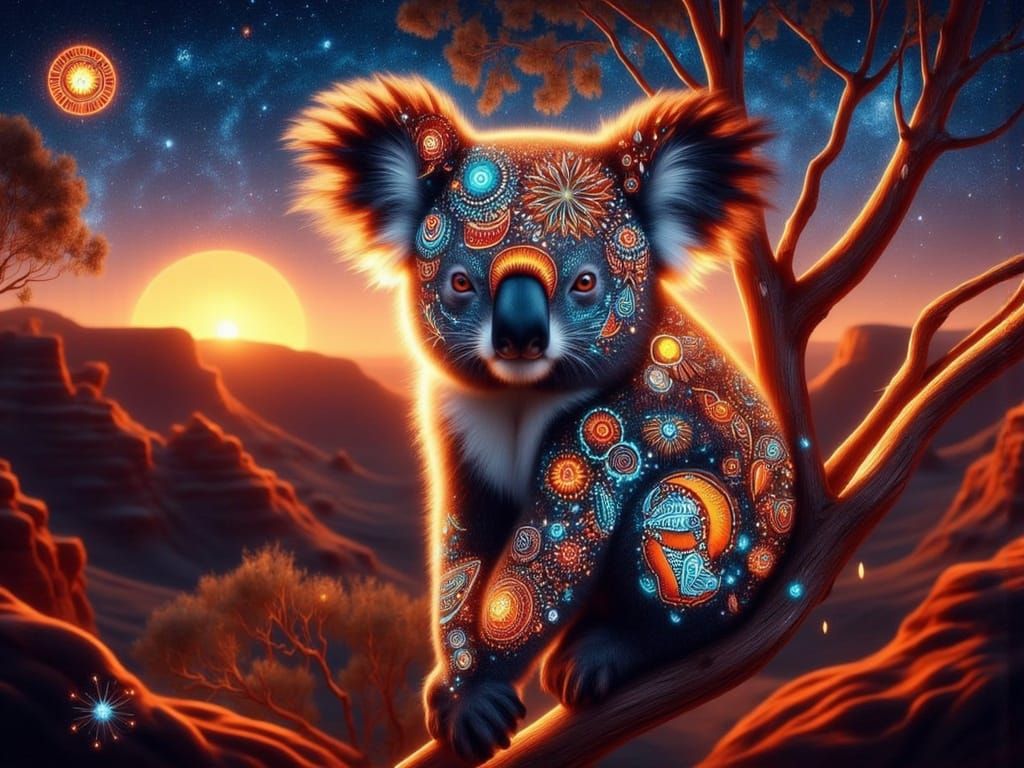 <lora:FiosAnimalGlowInk:1.0> Koala with Aboriginal Tattoos