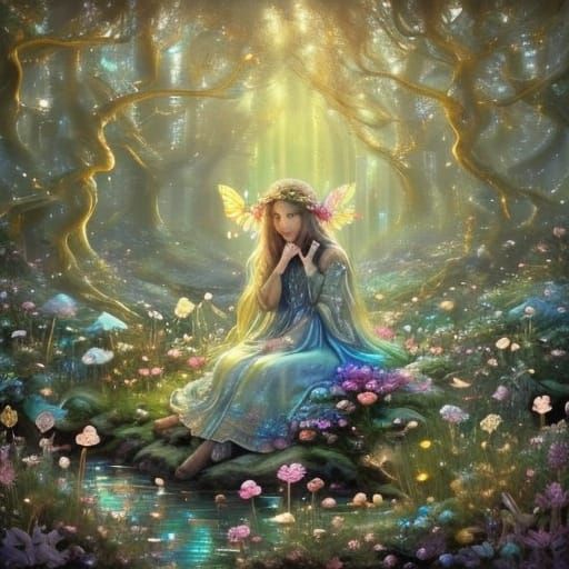 Art Nouveau Fairy with Glass Butterfly Amidst Whimsical Mush...