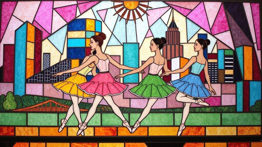 Mosaic, cut glass, art-deco stained glass illustration of a group of ballet dancers performing in front of a colorful cityscape. the dancers...
