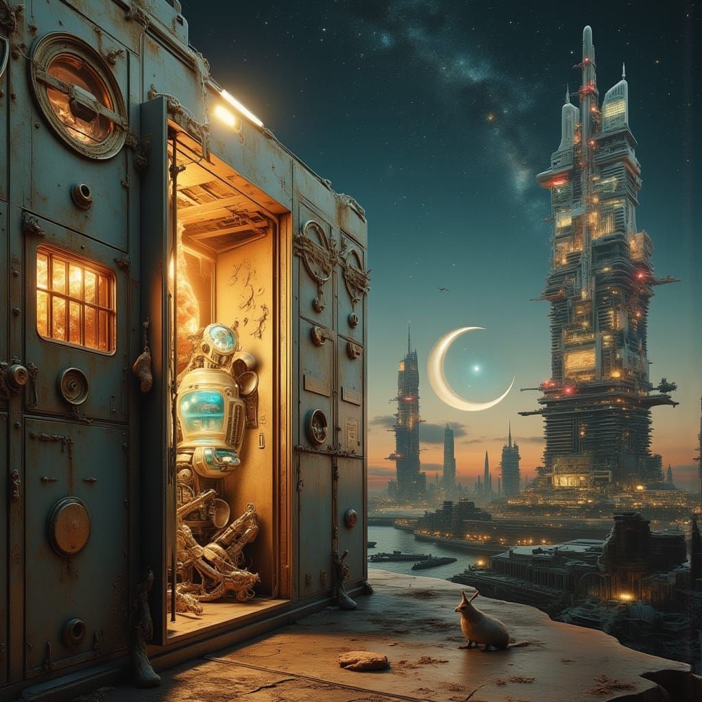 <lora:Ornate:1.0> <lora:Bird Collage:1.0> A Wall of old fashioned gym lockers with a single locker opening to reveal a tiny secret Futuristi...