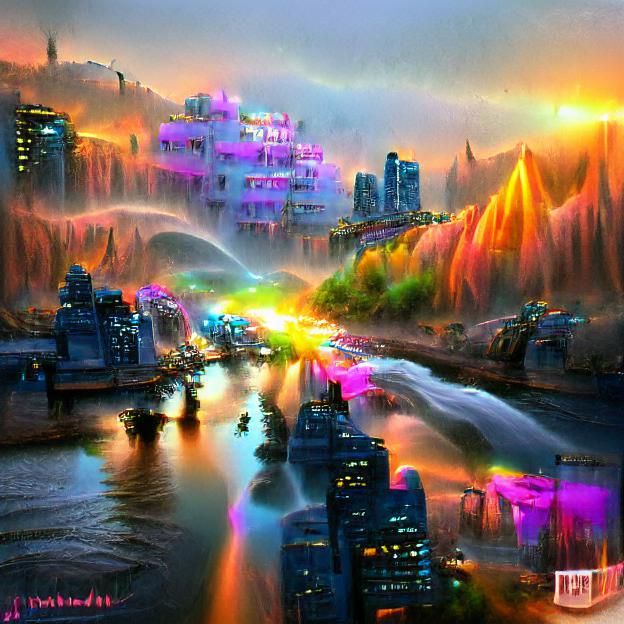 Concept art of a golden cyberpunk city at sunset during fall...