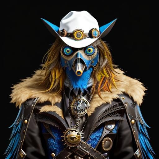Close up of a bird wearing a hat, vector art, fantasy art, blue metal, plague mask, steampunk. Dark fantasy. Intricate, mysterious, by Adam...