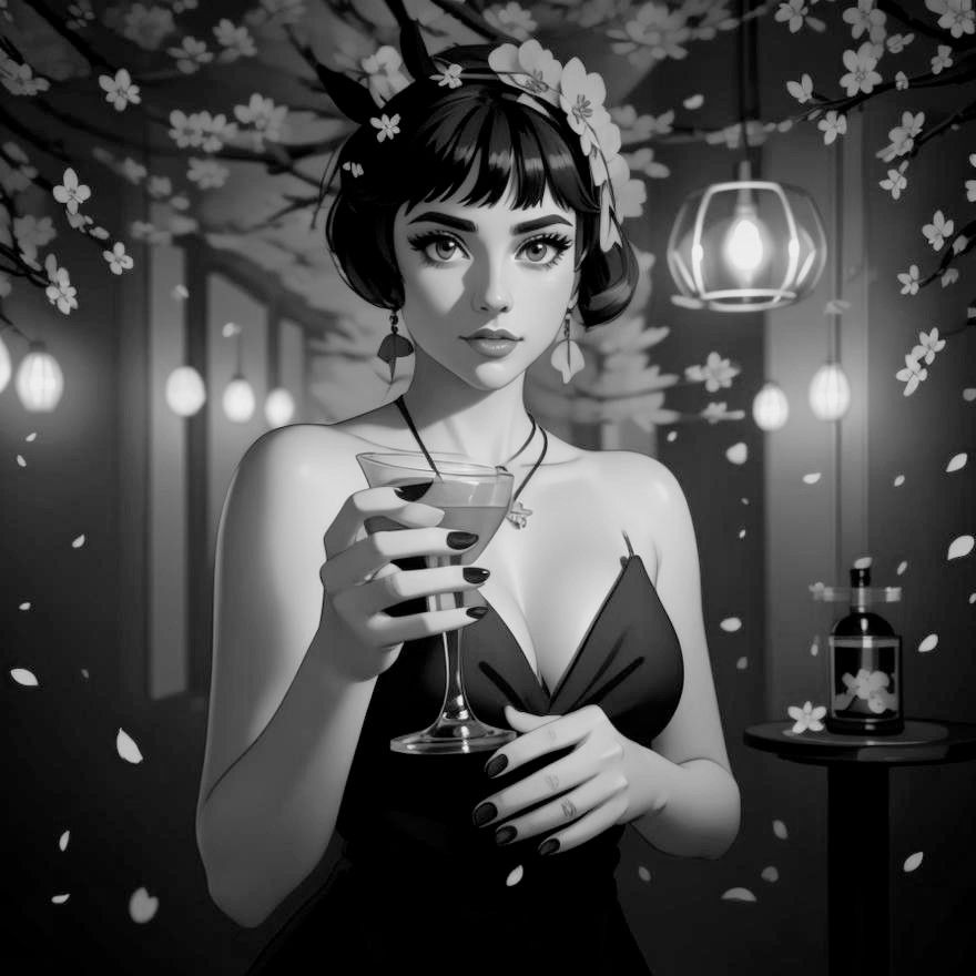 PORTRAIT OF A BEAUTIFUL WOMAN DRINKING IN A PROHIBITION ERA JAZZCLUB.