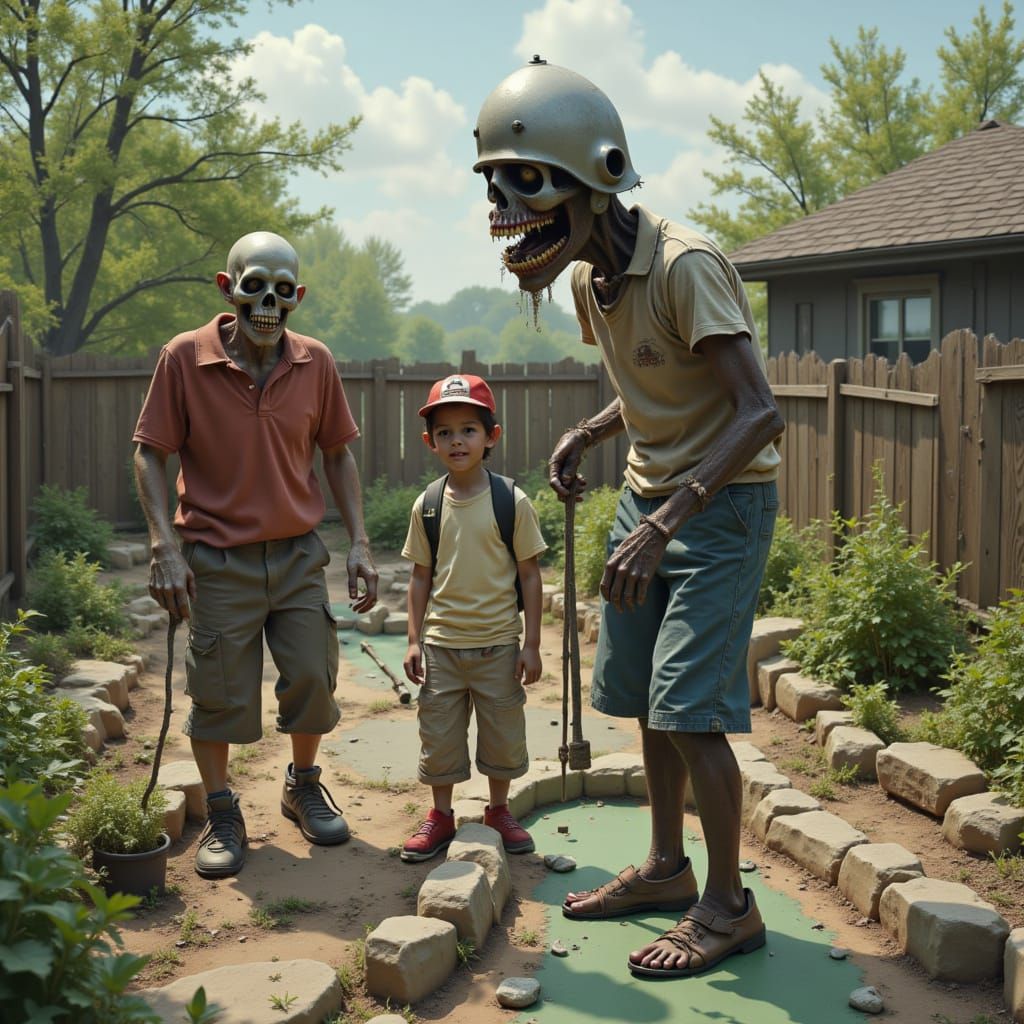 <lora:zombiefy:1.0> a family playing mini golf