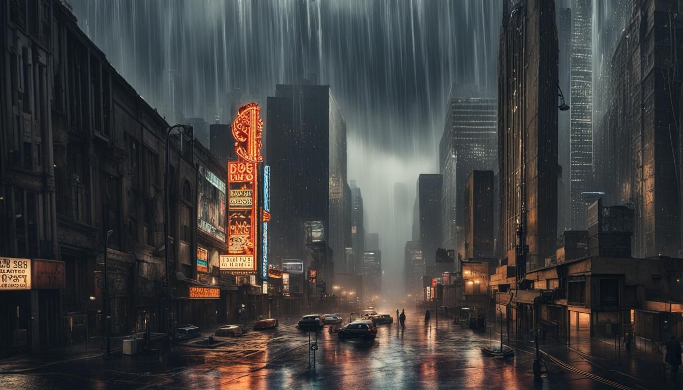 Rain: Heavy, relentless rain with streaks of light reflecting off falling drops.
Cityscape: Los Angeles. A decaying metr...