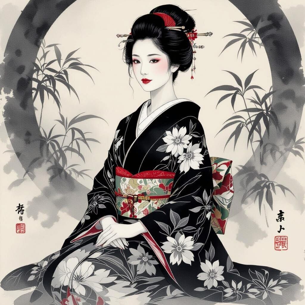 A stunning black-and-white portrait of a woman in a traditional kimono, rendered in a delicate, ethereal ...  by @BMoore Ignite Studio