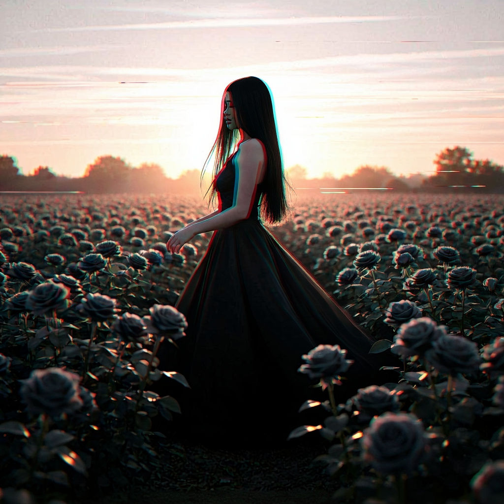 Ethereal Woman in Glitch Art Rose Field
