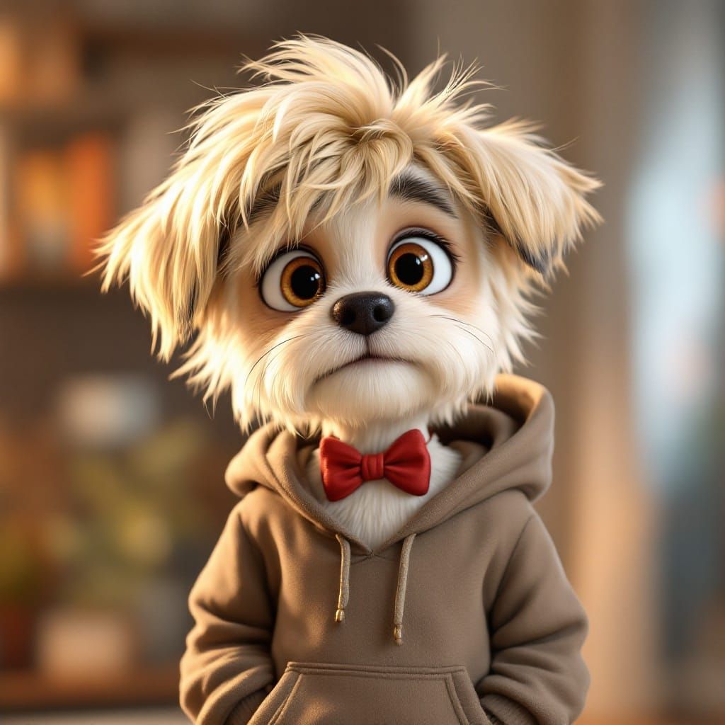 a Pixar-style 3D animated character inspired by a small scruffy white Maltese Shih Tzu dog named Benji, reimagined as a young human male wit...