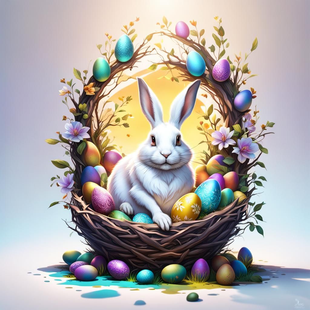 White rabbit, sitting in a nest of colorful Easter eggs, det...