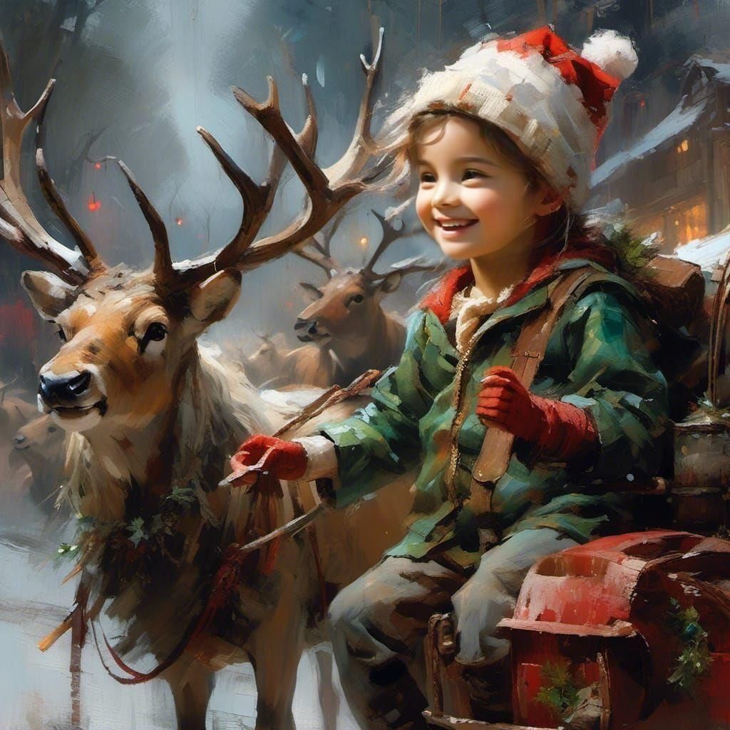 smiling beautiful tiny chibi christmas elf checking the reindeer and sleigh  insanely detailed matte painting with rough paint strokes and t...