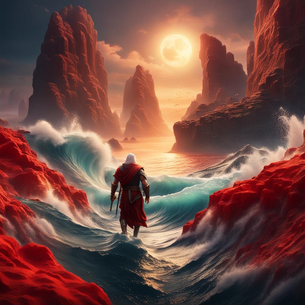 Moses walking through the halves of the red sea