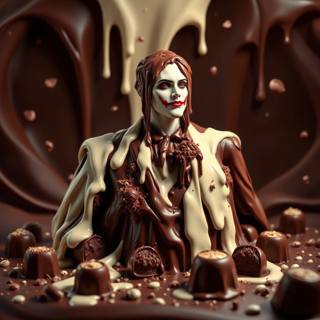 A chocolate figure of the Joker, adorned with melting, glistening white and brown chocolate that cascades down its form, unfolds within a un...