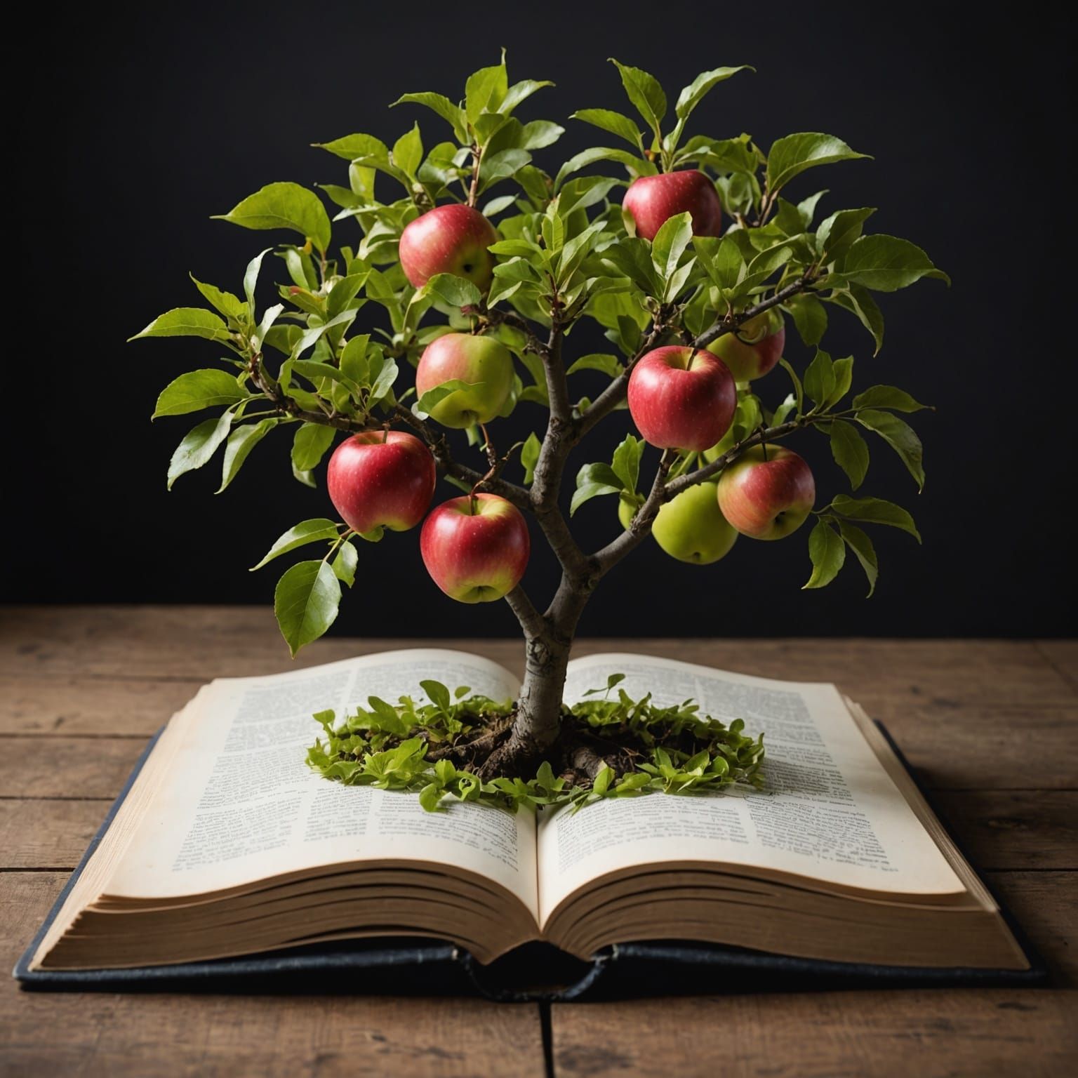 an apple tree coming out of a book
